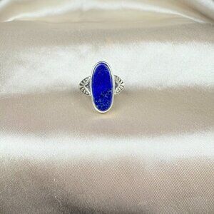 Handmade Oval Blue Lapis Lazuli Silver Ring Decorative Border Jewelry Size 7